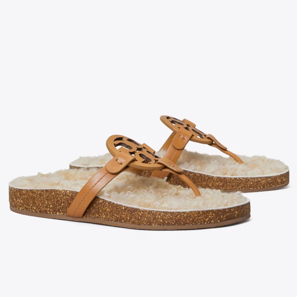 Tory Burch Miller Cloud Shearling Sandals, caramel, size 7.5 NIB